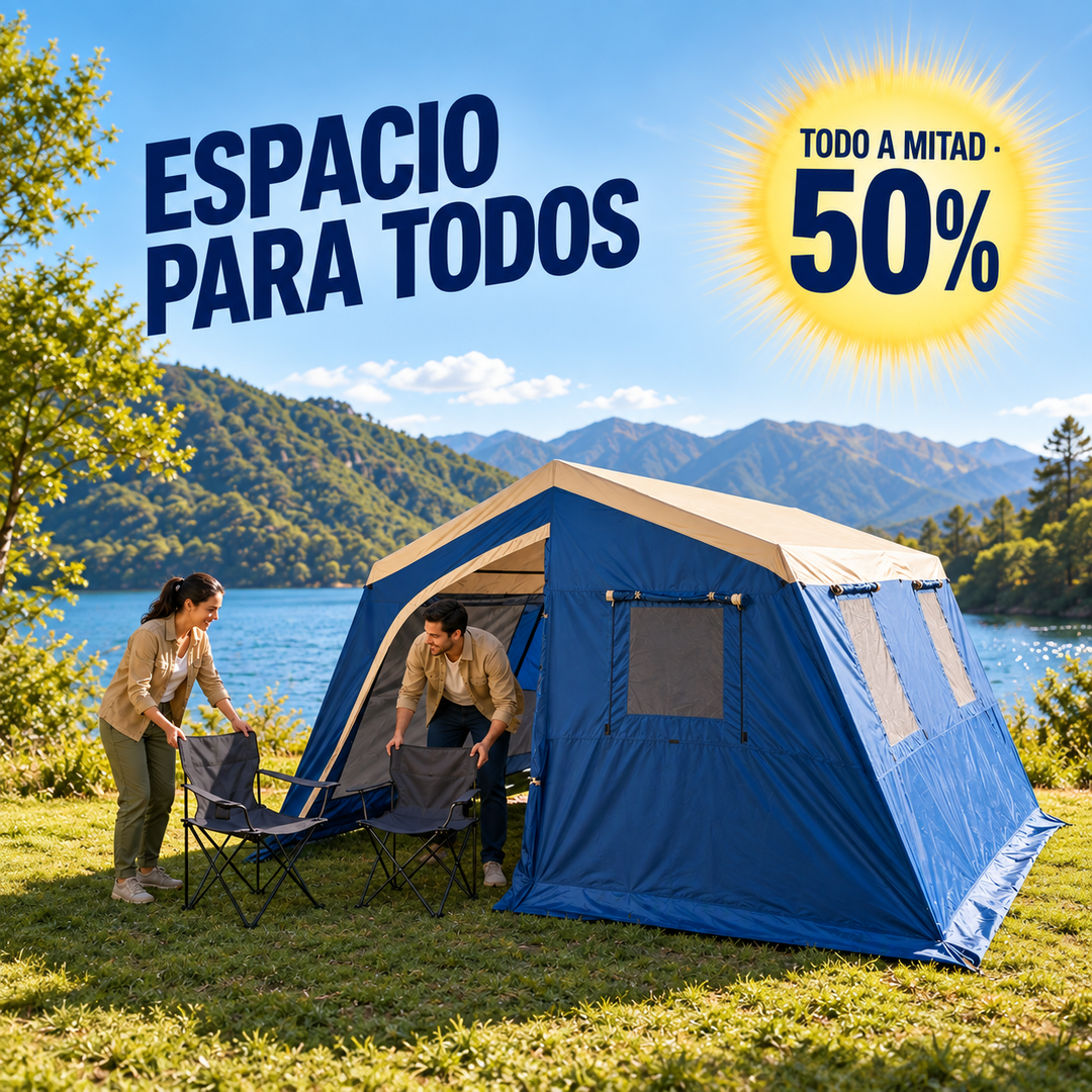 Carpa azul de seis personas junto a un lago
